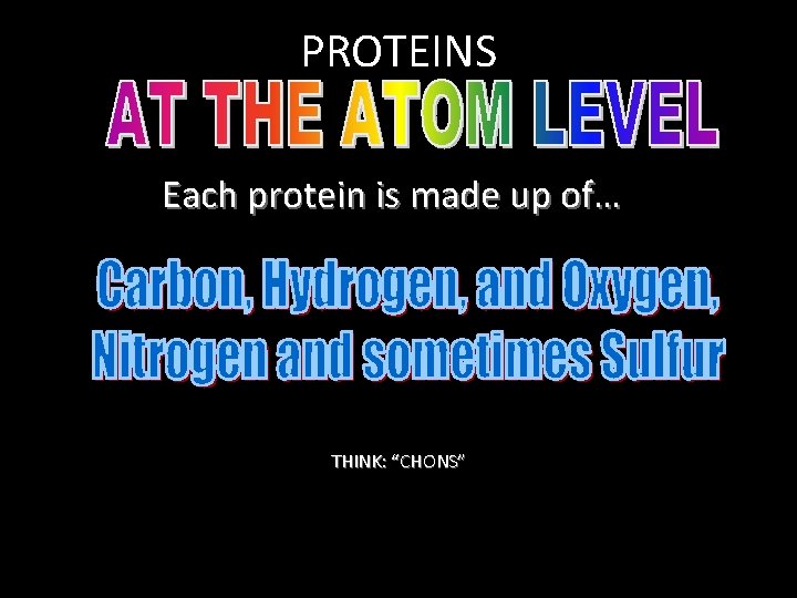 PROTEINS Each protein is made up of… THINK: “CHONS”  PROTEINS Each protein is made up of… THINK: “CHONS”