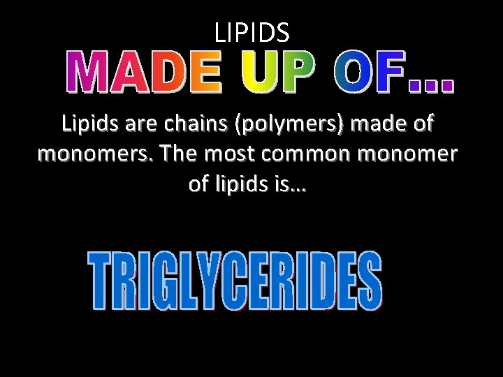 LIPIDS Lipids are chains (polymers) made of monomers. The most common monomer of lipids LIPIDS Lipids are chains (polymers) made of monomers. The most common monomer of lipids