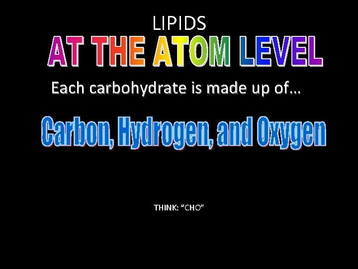 LIPIDS Each carbohydrate is made up of… THINK: “CHO”  LIPIDS Each carbohydrate is made up of… THINK: “CHO”