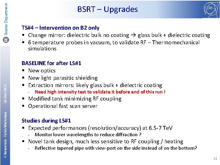 BSRT – Upgrades F. Roncarolo - Evian Workshop 18 -Dec-2012 TS#4 – Intervention on