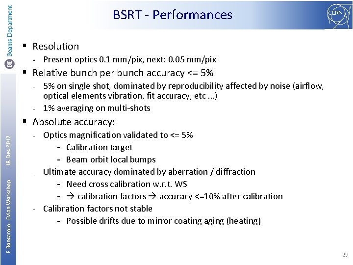 BSRT - Performances § Resolution - Present optics 0. 1 mm/pix, next: 0. 05