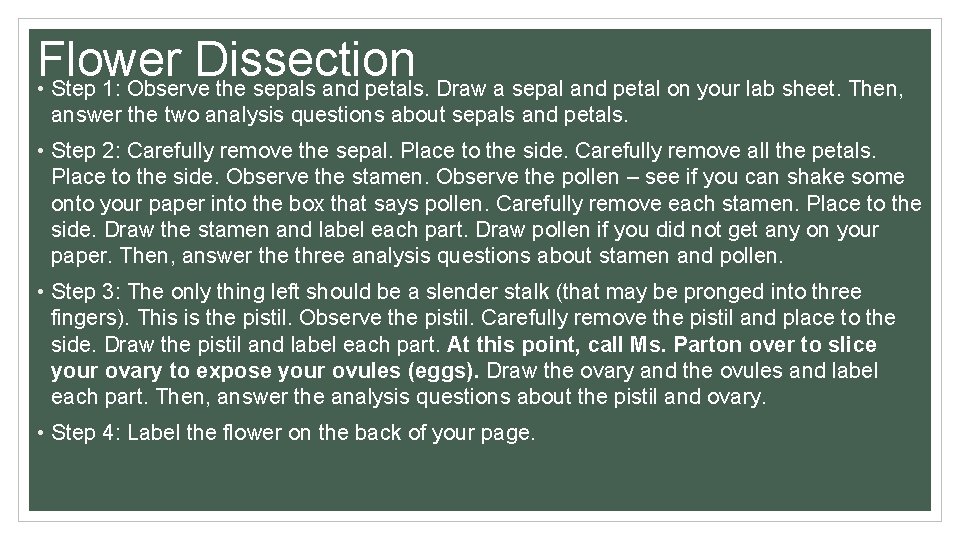 Flower Dissection • Step 1: Observe the sepals and petals. Draw a sepal and