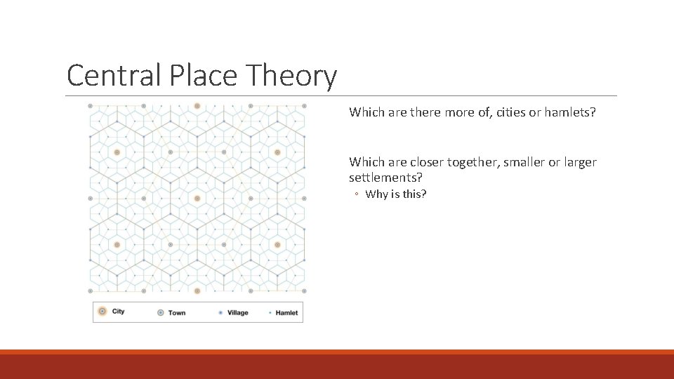 Central Place Theory Which are there more of, cities or hamlets? Which are closer