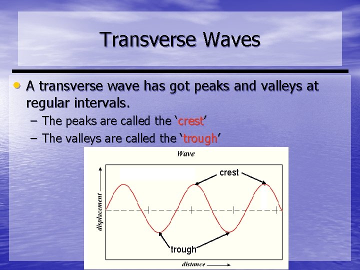 Transverse Waves • A transverse wave has got peaks and valleys at regular intervals.