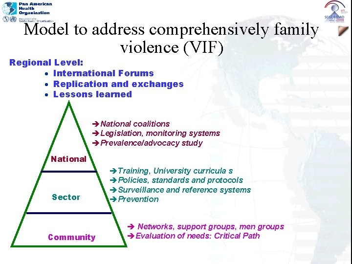 Model to address comprehensively family violence (VIF) Regional Level: · International Forums · Replication