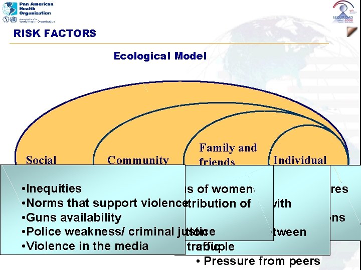 RISK FACTORS Ecological Model Family and Social Community Individual friends relationship • Inequities •