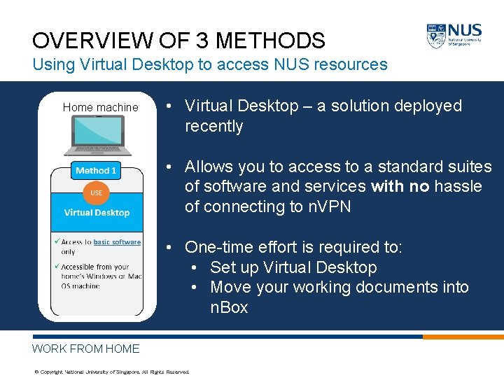 OVERVIEW OF 3 METHODS Using Virtual Desktop to access NUS resources Home machine •