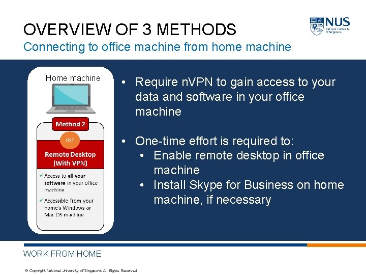 OVERVIEW OF 3 METHODS Connecting to office machine from home machine Home machine •
