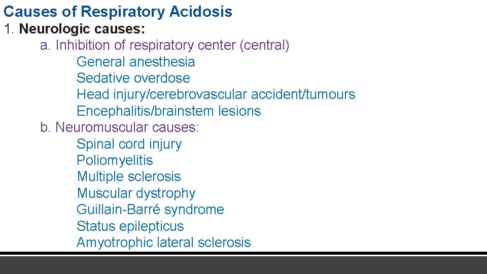 Causes of Respiratory Acidosis 1. Neurologic causes: a. Inhibition of respiratory center (central) General
