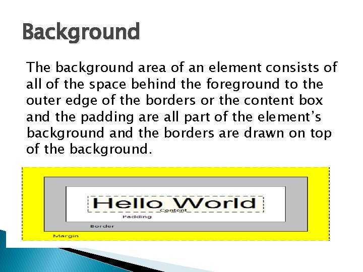 Background The background area of an element consists of all of the space behind