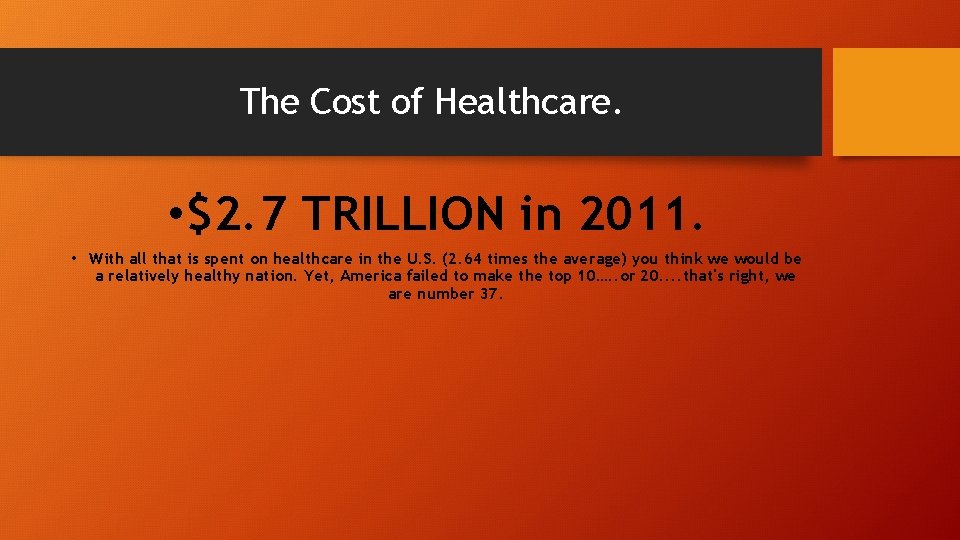 The Cost of Healthcare. • $2. 7 TRILLION in 2011. • With all that