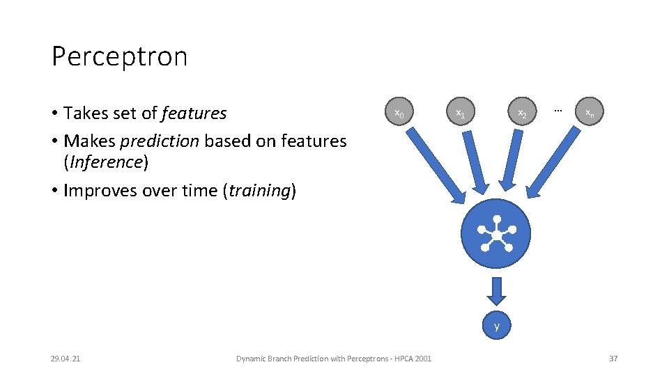 Perceptron • Takes set of features • Makes prediction based on features (Inference) •