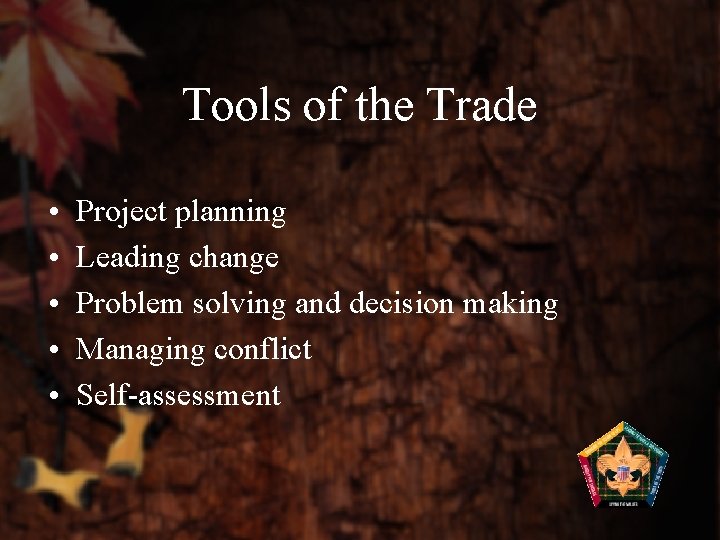Tools of the Trade • • • Project planning Leading change Problem solving and