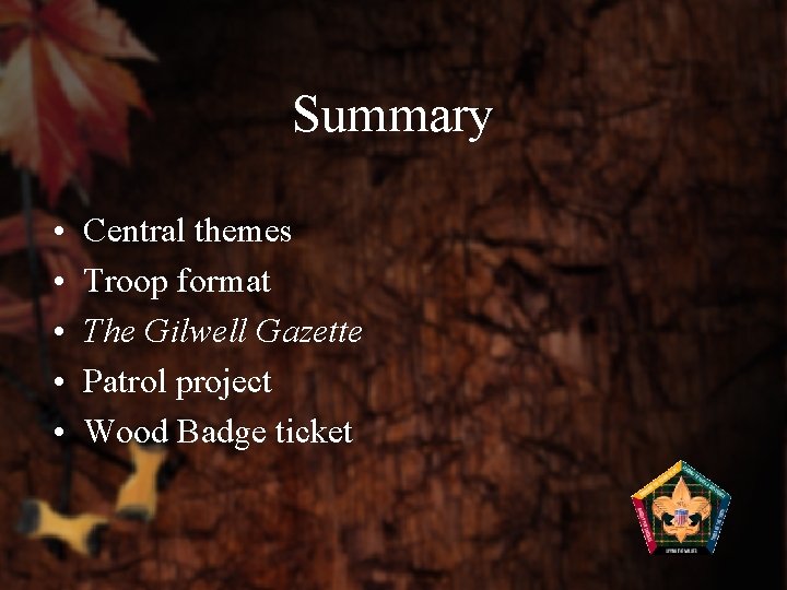 Summary • • • Central themes Troop format The Gilwell Gazette Patrol project Wood