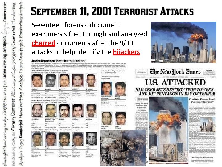 Seventeen forensic document examiners sifted through and analyzed charred documents after the 9/11 attacks