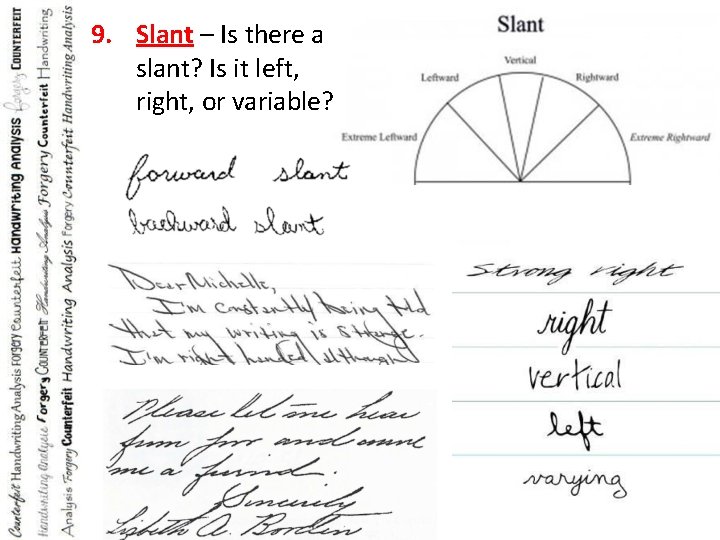 9. Slant – Is there a slant? Is it left, right, or variable? 