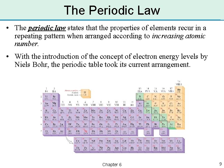 The Periodic Law • The periodic law states that the properties of elements recur