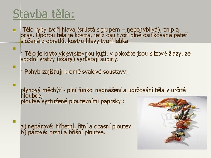 Stavba těla: n n n Tělo ryby tvoří hlava (srůstá s trupem – nepohyblivá),