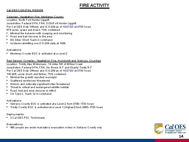 FIRE ACTIVITY Cal OES COASTAL REGION Coleman, Vegetation Fire, Monterey County Location: North Fort