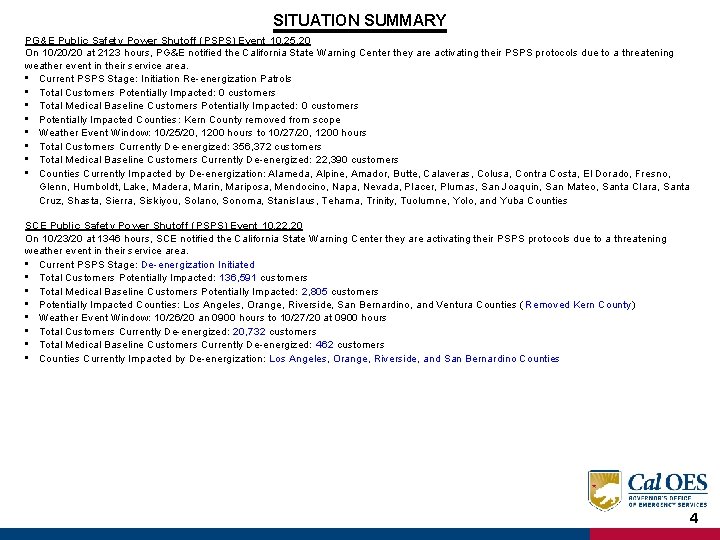 SITUATION SUMMARY PG&E Public Safety Power Shutoff (PSPS) Event 10. 25. 20 On 10/20/20