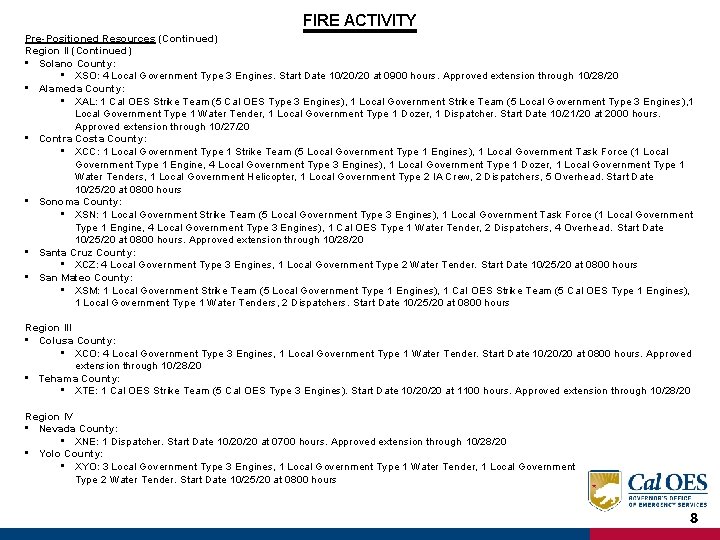 FIRE ACTIVITY Pre-Positioned Resources (Continued) Region II (Continued) • Solano County: • XSO: 4