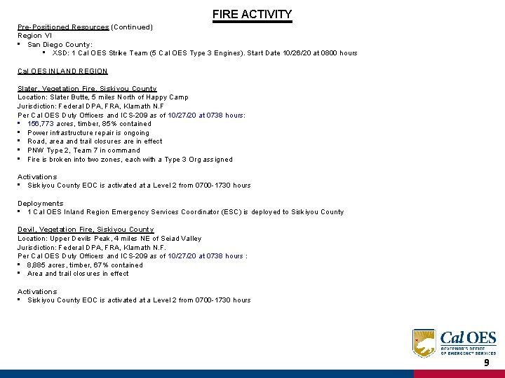 FIRE ACTIVITY Pre-Positioned Resources (Continued) Region VI • San Diego County: • XSD: 1