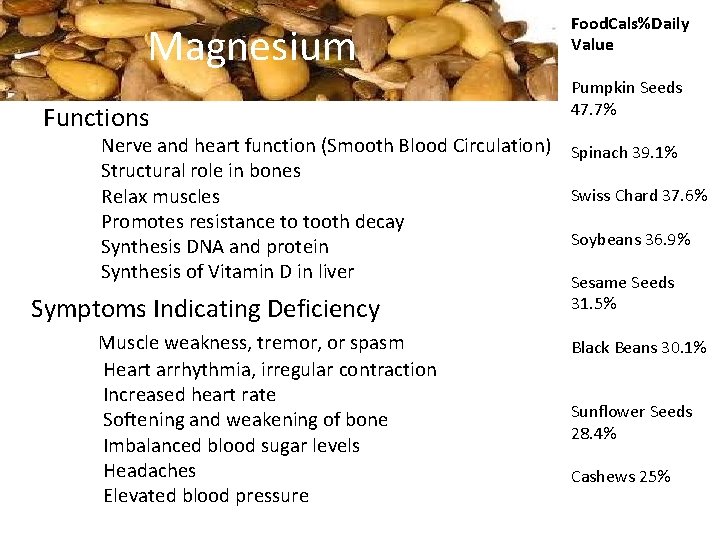Magnesium Functions – – – Nerve and heart function (Smooth Blood Circulation) Structural role