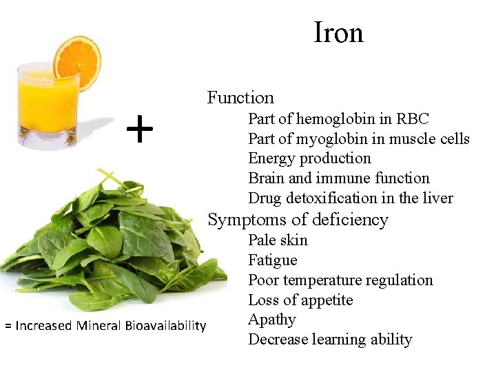 Iron + Function – – – Part of hemoglobin in RBC Part of myoglobin