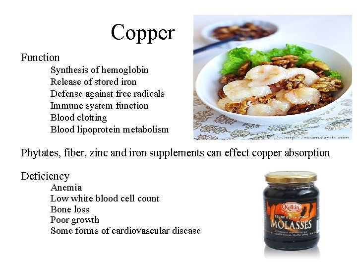 Copper Function – – – Synthesis of hemoglobin Release of stored iron Defense against