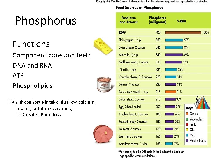 Phosphorus Functions Component bone and teeth DNA and RNA ATP Phospholipids High phosphorus intake