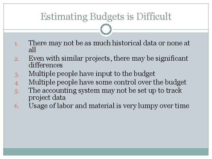 Estimating Budgets is Difficult 1. 2. 3. 4. 5. 6. There may not be