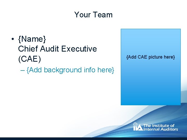 Your Team • {Name} Chief Audit Executive (CAE) – {Add background info here} {Add