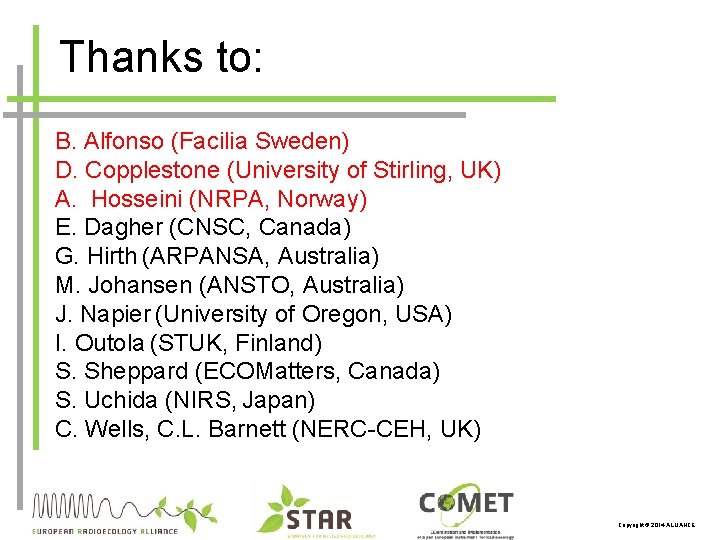 Thanks to: B. Alfonso (Facilia Sweden) D. Copplestone (University of Stirling, UK) A. Hosseini