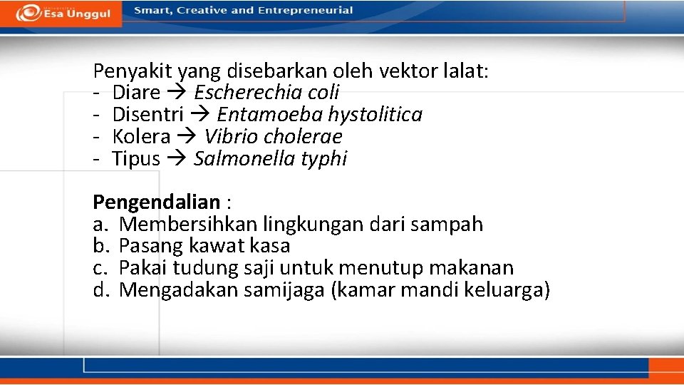 Penyakit yang disebarkan oleh vektor lalat: - Diare Escherechia coli - Disentri Entamoeba hystolitica Penyakit yang disebarkan oleh vektor lalat: - Diare Escherechia coli - Disentri Entamoeba hystolitica