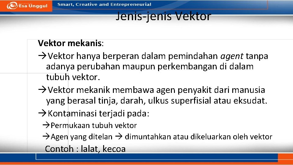Jenis-jenis Vektor mekanis: Vektor hanya berperan dalam pemindahan agent tanpa adanya perubahan maupun perkembangan Jenis-jenis Vektor mekanis: Vektor hanya berperan dalam pemindahan agent tanpa adanya perubahan maupun perkembangan