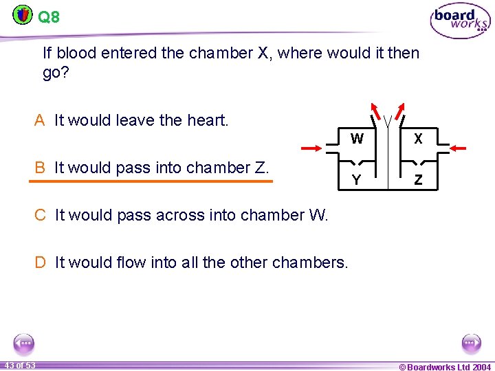 Q 8 If blood entered the chamber X, where would it then go? A