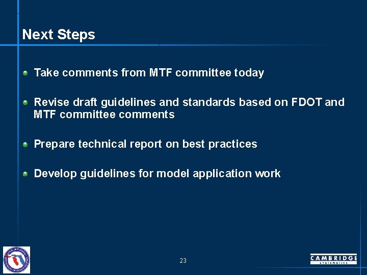 Next Steps Take comments from MTF committee today Revise draft guidelines and standards based