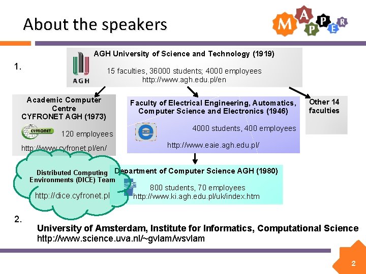 About the speakers AGH University of Science and Technology (1919) 1. 15 faculties, 36000