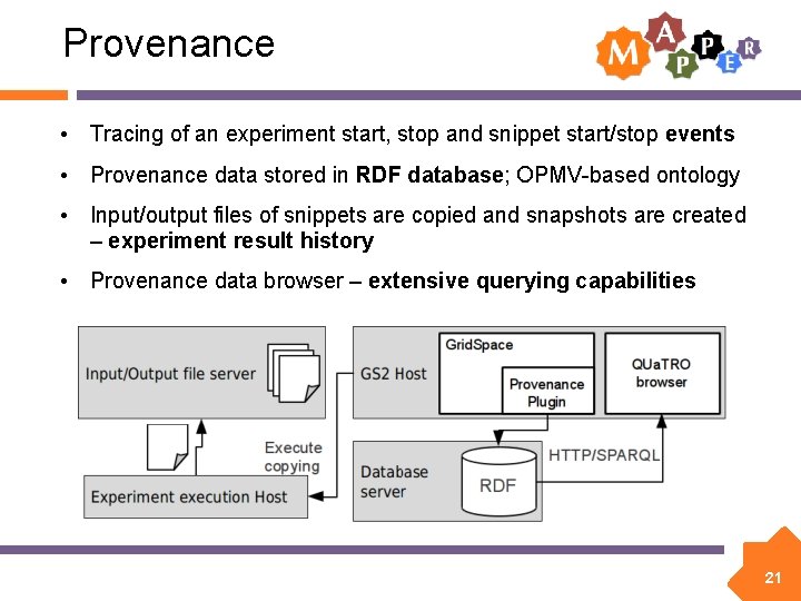 Provenance • Tracing of an experiment start, stop and snippet start/stop events • Provenance