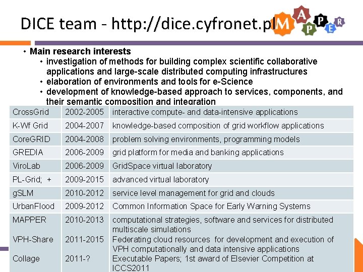 DICE team - http: //dice. cyfronet. pl • Main research interests • investigation of