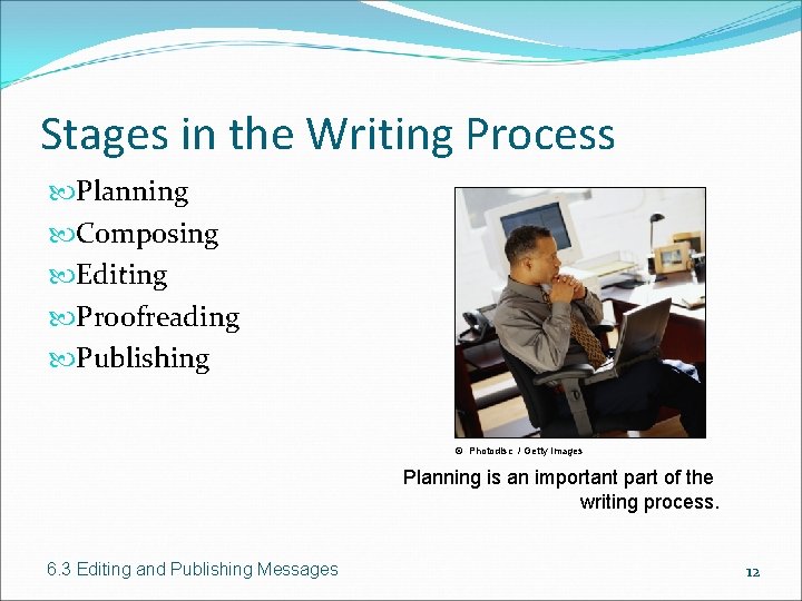 Stages in the Writing Process Planning Composing Editing Proofreading Publishing © Photodisc / Getty