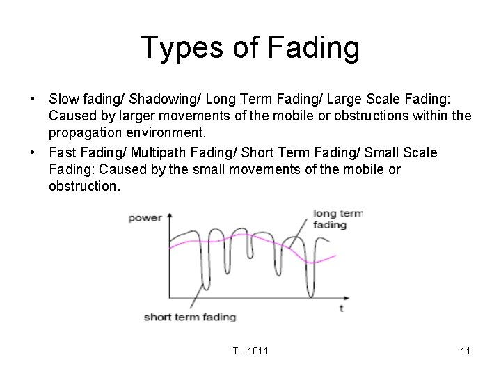 Types of Fading • Slow fading/ Shadowing/ Long Term Fading/ Large Scale Fading: Caused
