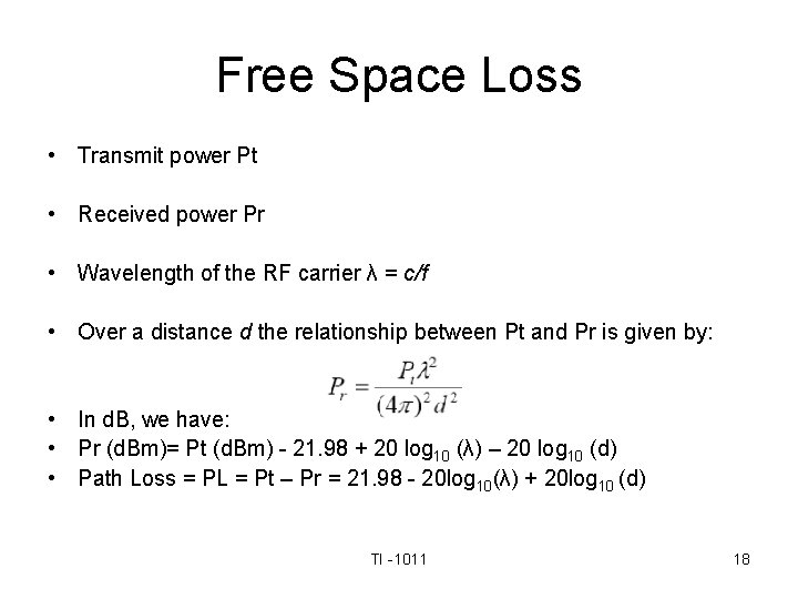 Free Space Loss • Transmit power Pt • Received power Pr • Wavelength of