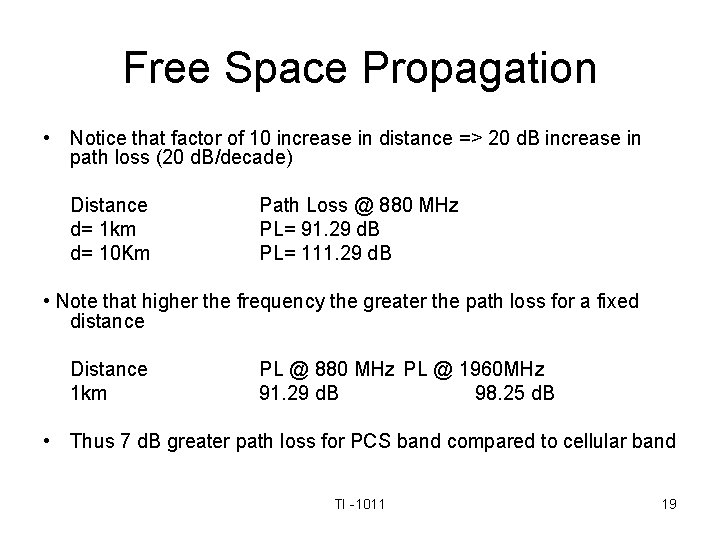 Free Space Propagation • Notice that factor of 10 increase in distance => 20