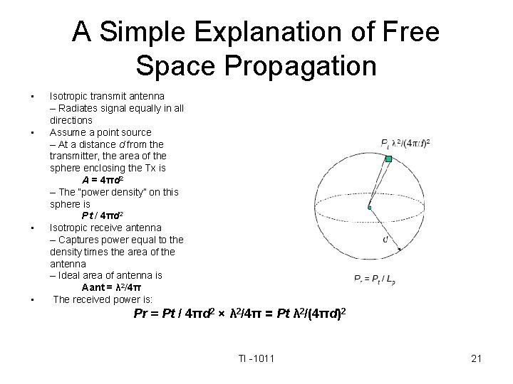 A Simple Explanation of Free Space Propagation • • Isotropic transmit antenna – Radiates