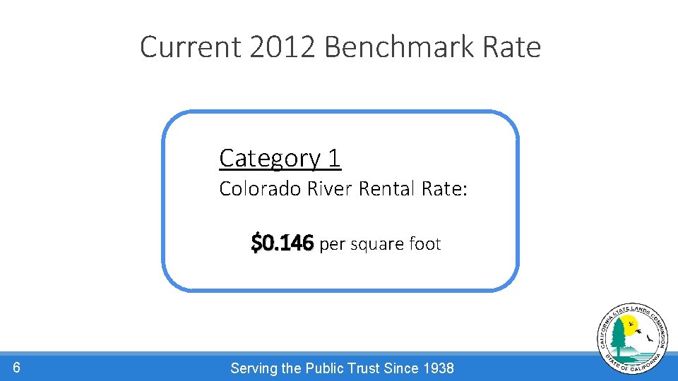Current 2012 Benchmark Rate Category 1 Colorado River Rental Rate: $0. 146 per square