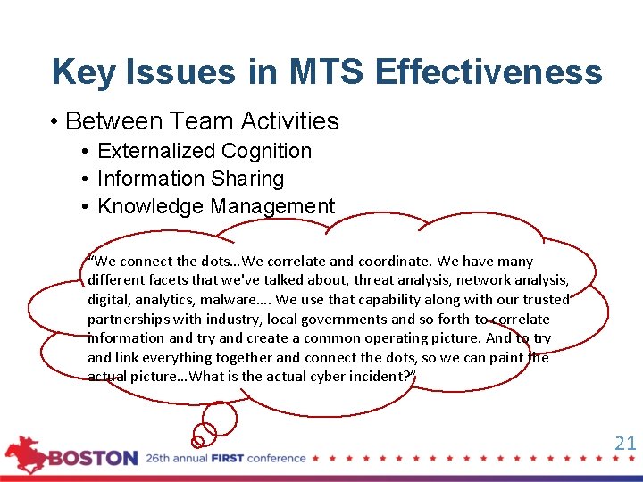Key Issues in MTS Effectiveness • Between Team Activities • Externalized Cognition • Information