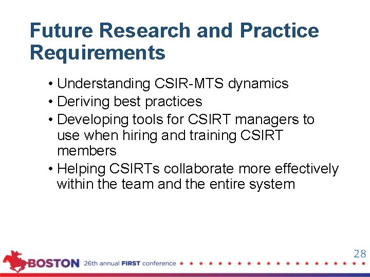 Future Research and Practice Requirements • Understanding CSIR-MTS dynamics • Deriving best practices •