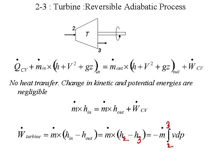 2 -3 : Turbine : Reversible Adiabatic Process 2 T 3 No heat transfer.