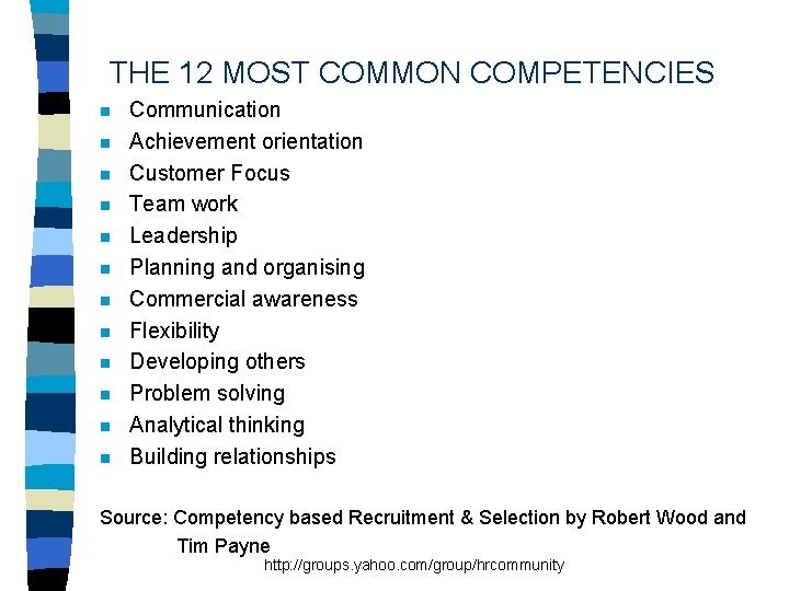THE 12 MOST COMMON COMPETENCIES n n n Communication Achievement orientation Customer Focus Team
